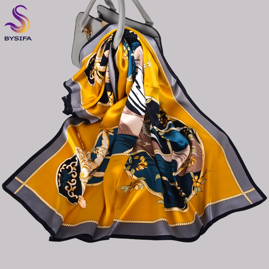 BYSIFA|Chinese knot Grey Yellow Pure Silk Square Scarves Wraps Female Fashion Brand 100% Silk Scarf Shawl Winter Scarves Hijabs