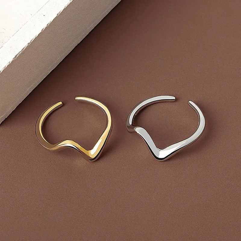 QMCOCOSliver Color New Trend Simple Bending Water Geometry Pattern Wave Arc Adjustable  Rings For Women Party  Jewelry Gifts image 2