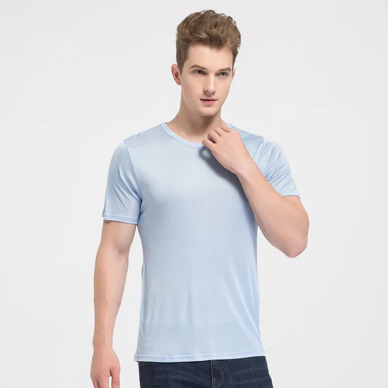 

Summer Pure Color Silk Knitted Short-Sleeve Round Collar T-shirt Men's Mulberry Silk Comfortable Undershirt Cultural Shirt