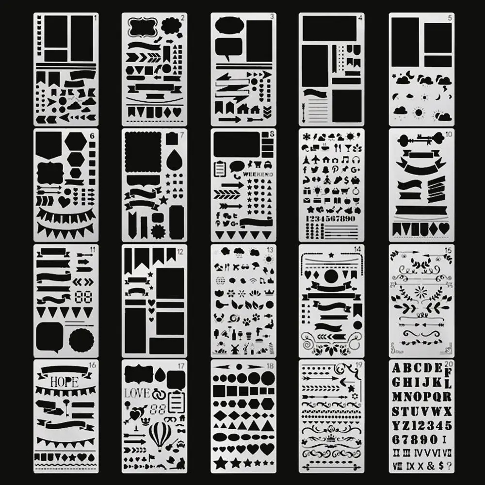 DIY Painting Template Wall Layering Stencils Scrapbook Album Handbook Journal Coloring Embossing Decorative Card Template 20 Pcs