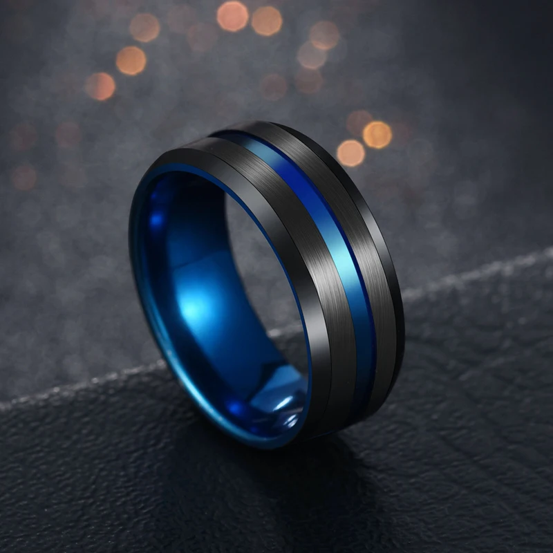 Trendy 8MM Stainless Steel Black Blue Groove Ring For Woman Men Wedding Bands Rainbow Couples Rings Male Jewelry Drop shipping