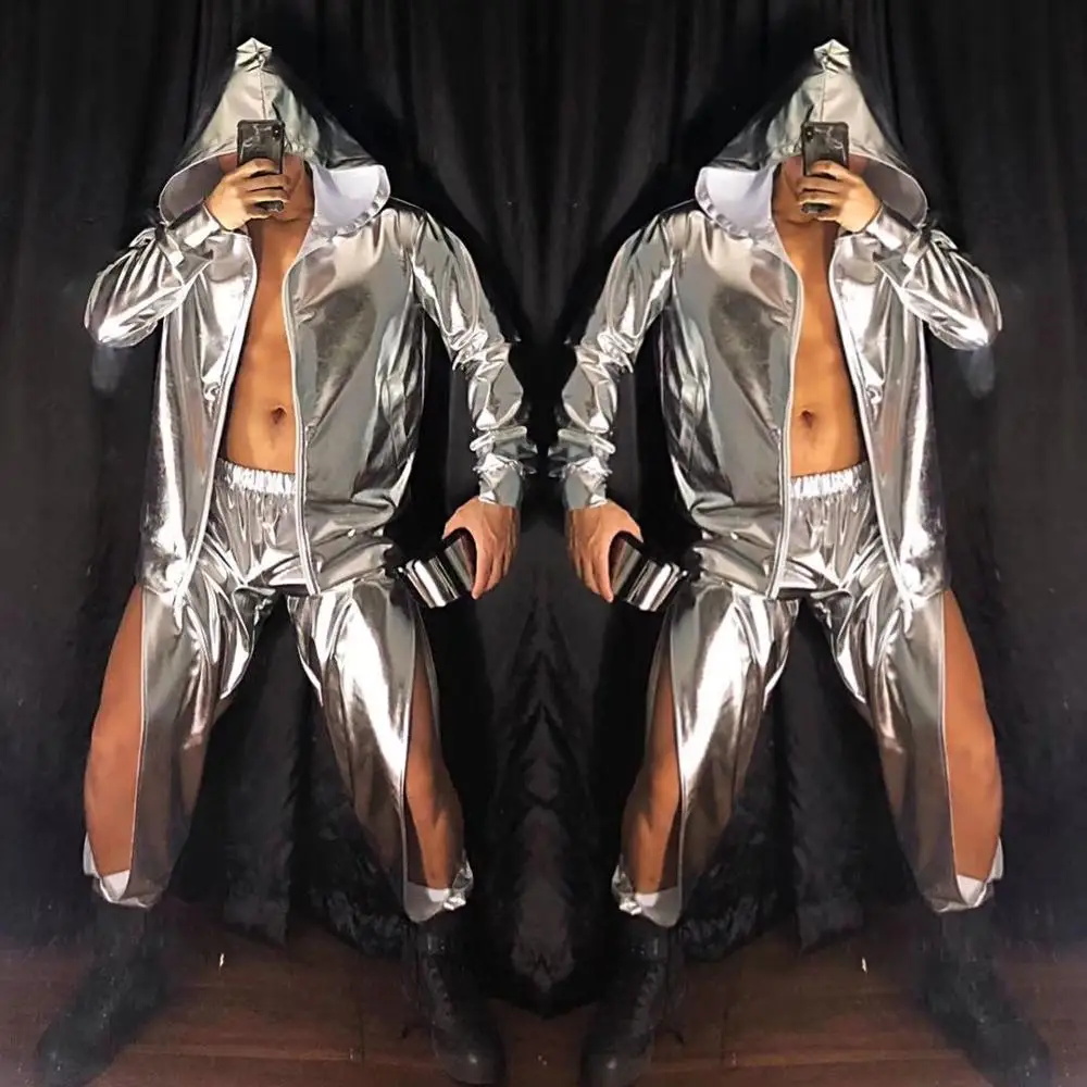 Men Singer Dancer Performance Costume Silver Red PU Leather Hooded Jacket Hollow Out Pant 2 Piece Set Stage Hip Hop Bomber Suit