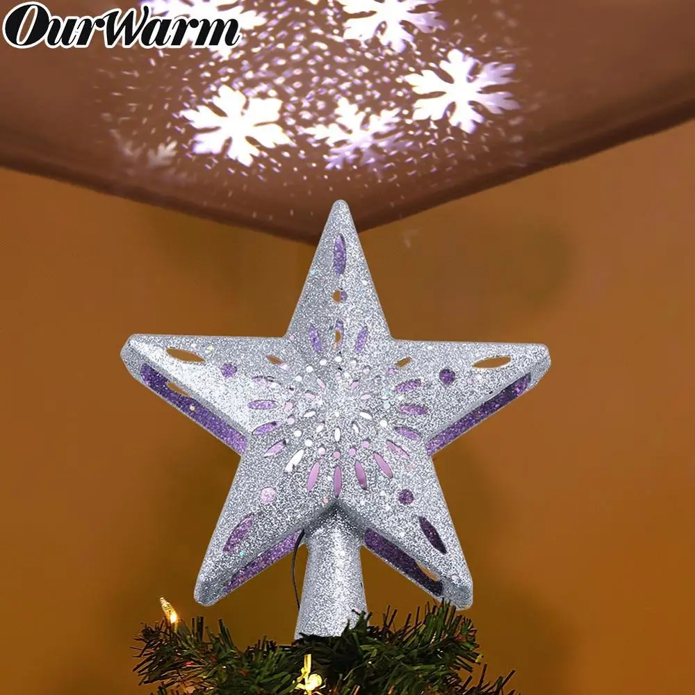 OurWarm 3D Glitter Star Christmas Tree Topper with Built-in Rotating LED Snowflake Projector Christmas Tree Ornament Home Decor