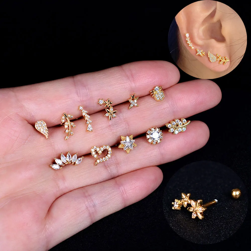 

1PC Korean Fashion Cz Leaf Flower Star Cartilage Earrings for Women Copper Zircon Small Stud Earring Ear Piercing Jewelry Gifts