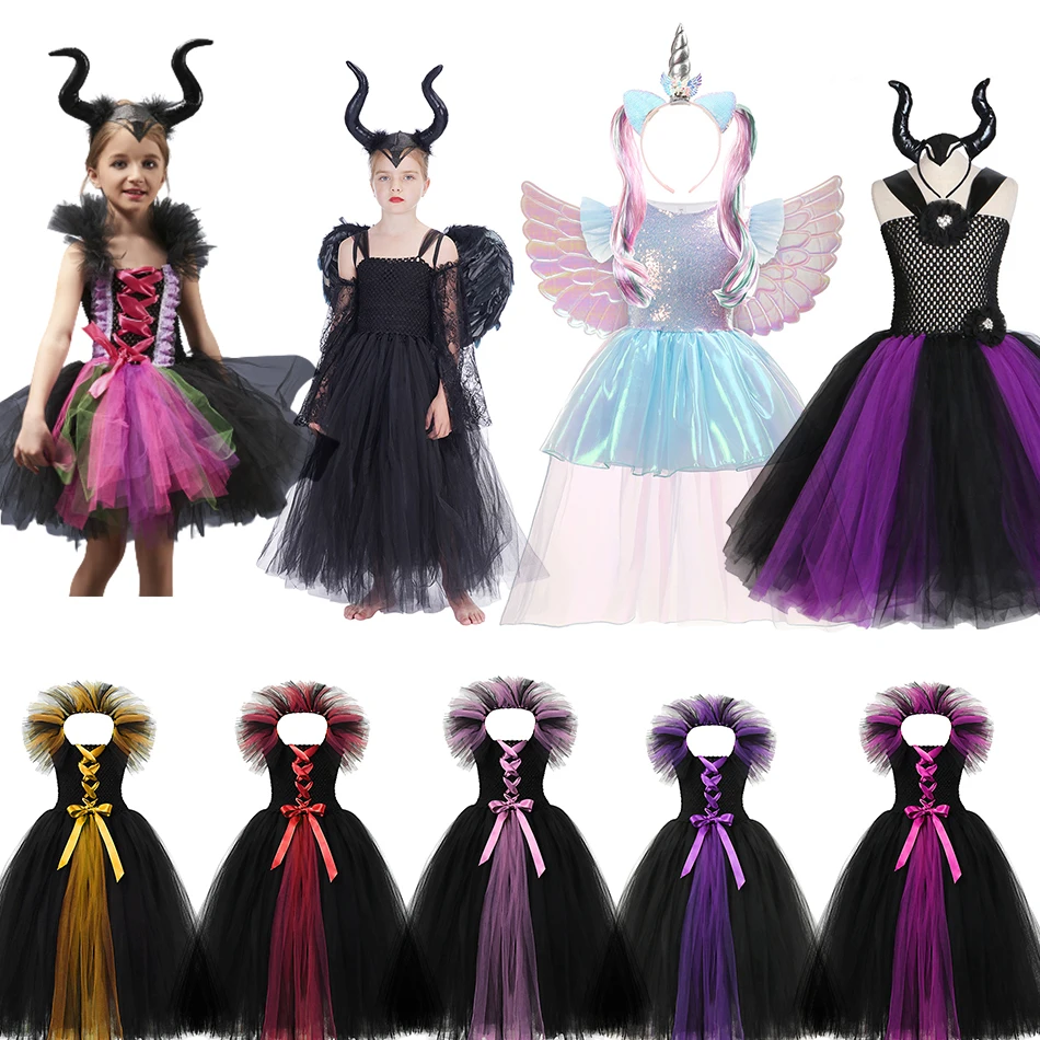 

Girls Halloween Cosplay Costume Maleficent Queen Gown Dress Kids Black Devil Tutu Dress Wings Descendant Villain Vampire Costume