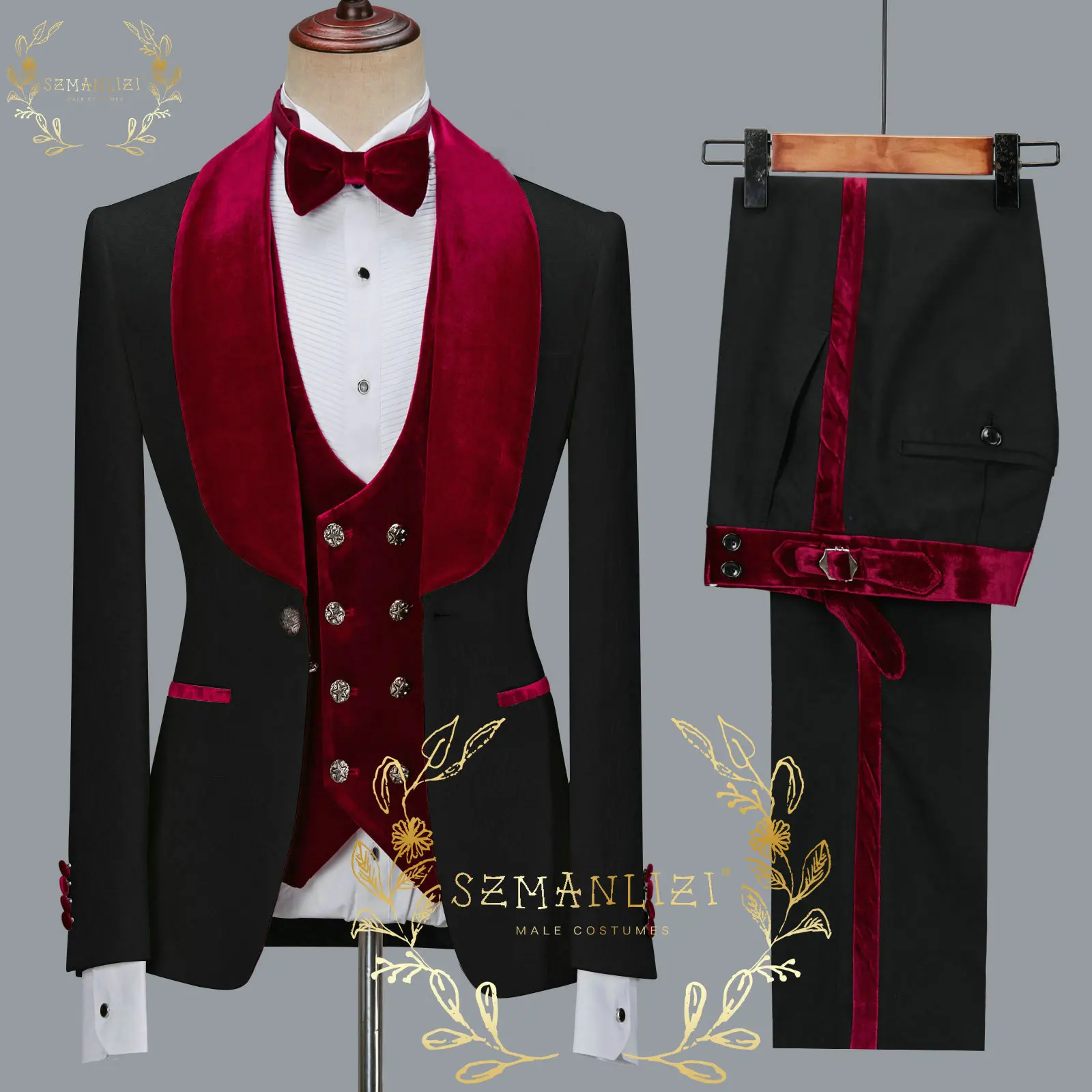 SZMANLIZI 2022 Latest Designs Black Floral Party Blazer Men Suits Costume Homme Groom Tuxedos Wedding Terno Masculino 3 Pieces