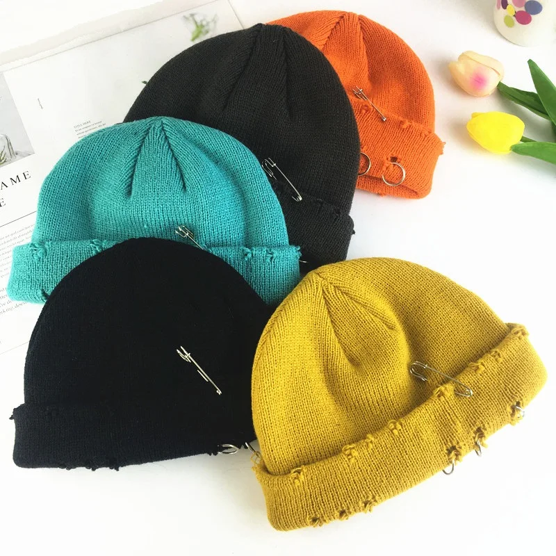 Newest women casual acrylic knitted beanies caps Winter men solid ring pin hip hop skullcap Ripped hats for ski