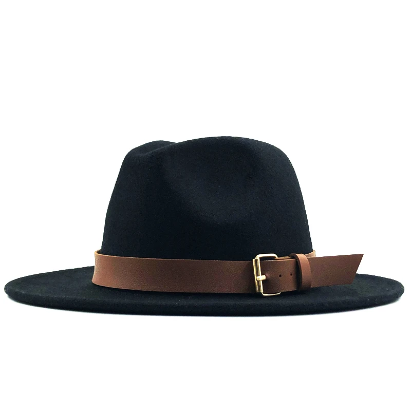 New Women Men Wool Fedora Hat With Leather Ribbon Gentleman Elegant Lady Winter Autumn Wide Brim Jazz Church Panama Sombrero Cap