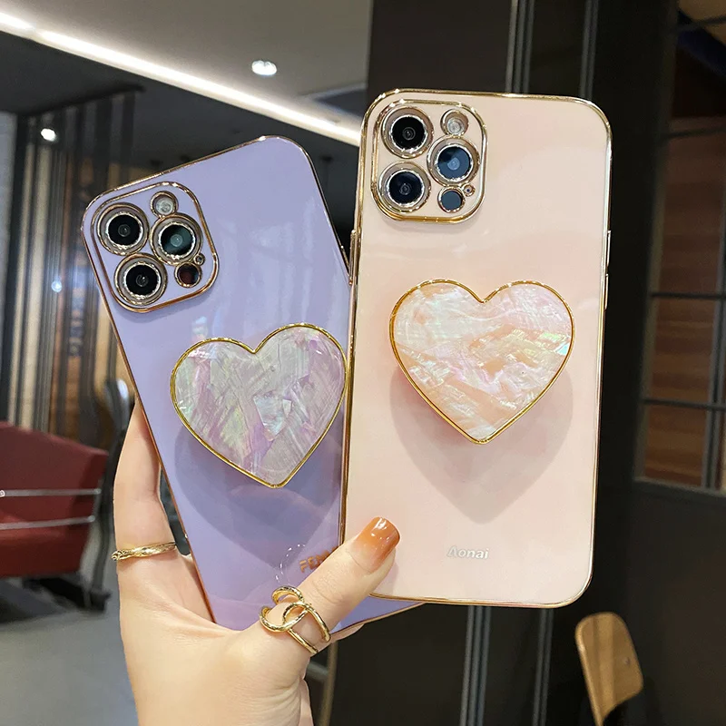 3D Love Heart Bracket Stand Plating Phone Case For Iphone 13 12 11 Pro Max Xs XR 7 8 Plus Fashion Retro Soft Silicone Back Cover