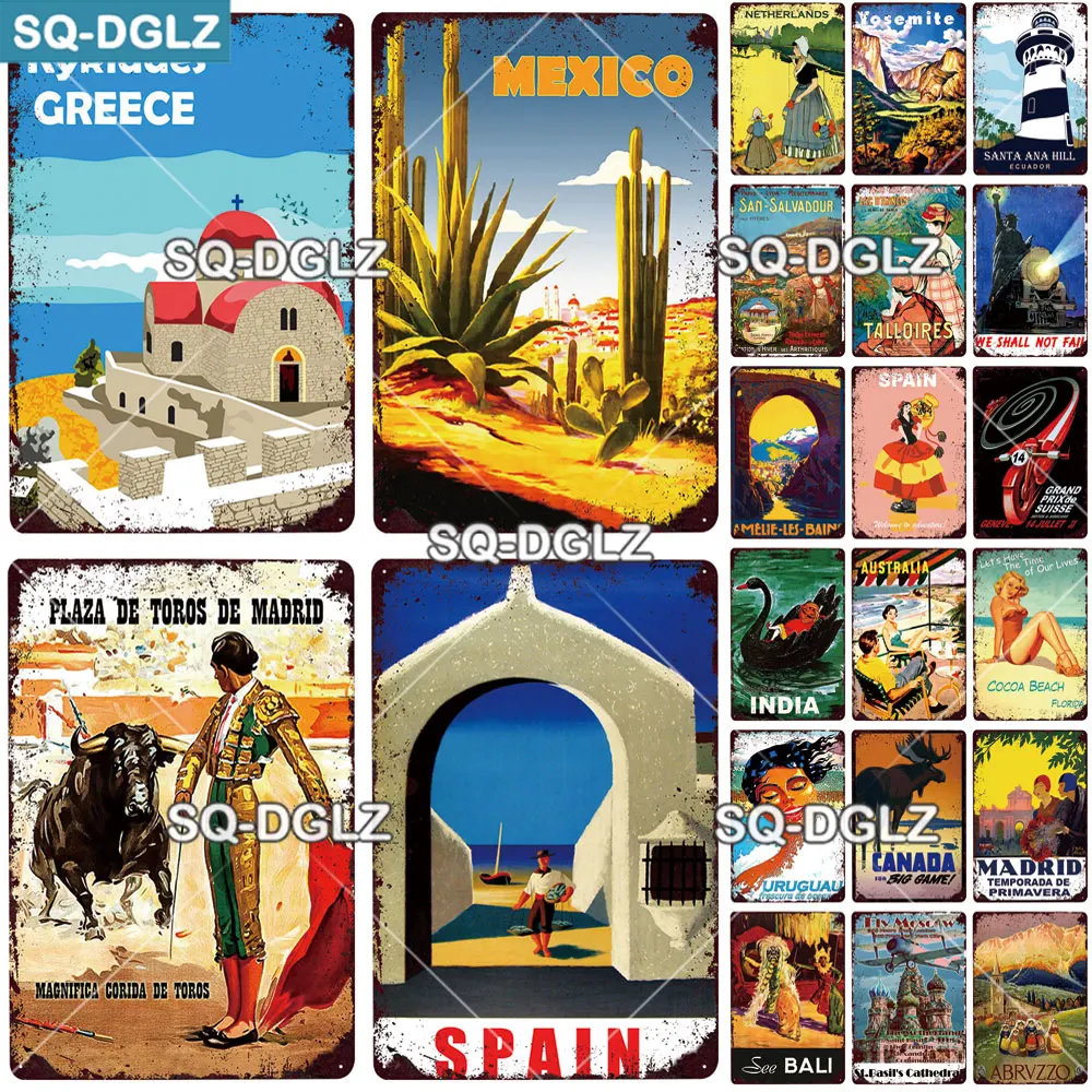 Letrero de Metal Vintage para ciudad de España, decoración de pared para Pub, Bar, país, cartel de estaño, póster de viaje de México/Grecia, SQ-DGLZ