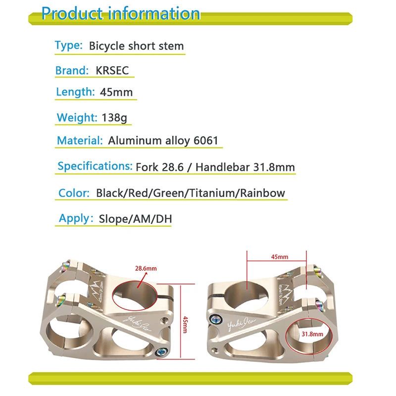 KRSEC MTB Power Stem Bicycle Handlebar Stem Riser 45mm CNC Alloy 31.8*28.6mm Mountain Bike Bridge Tee MTB Table Bike Accessories