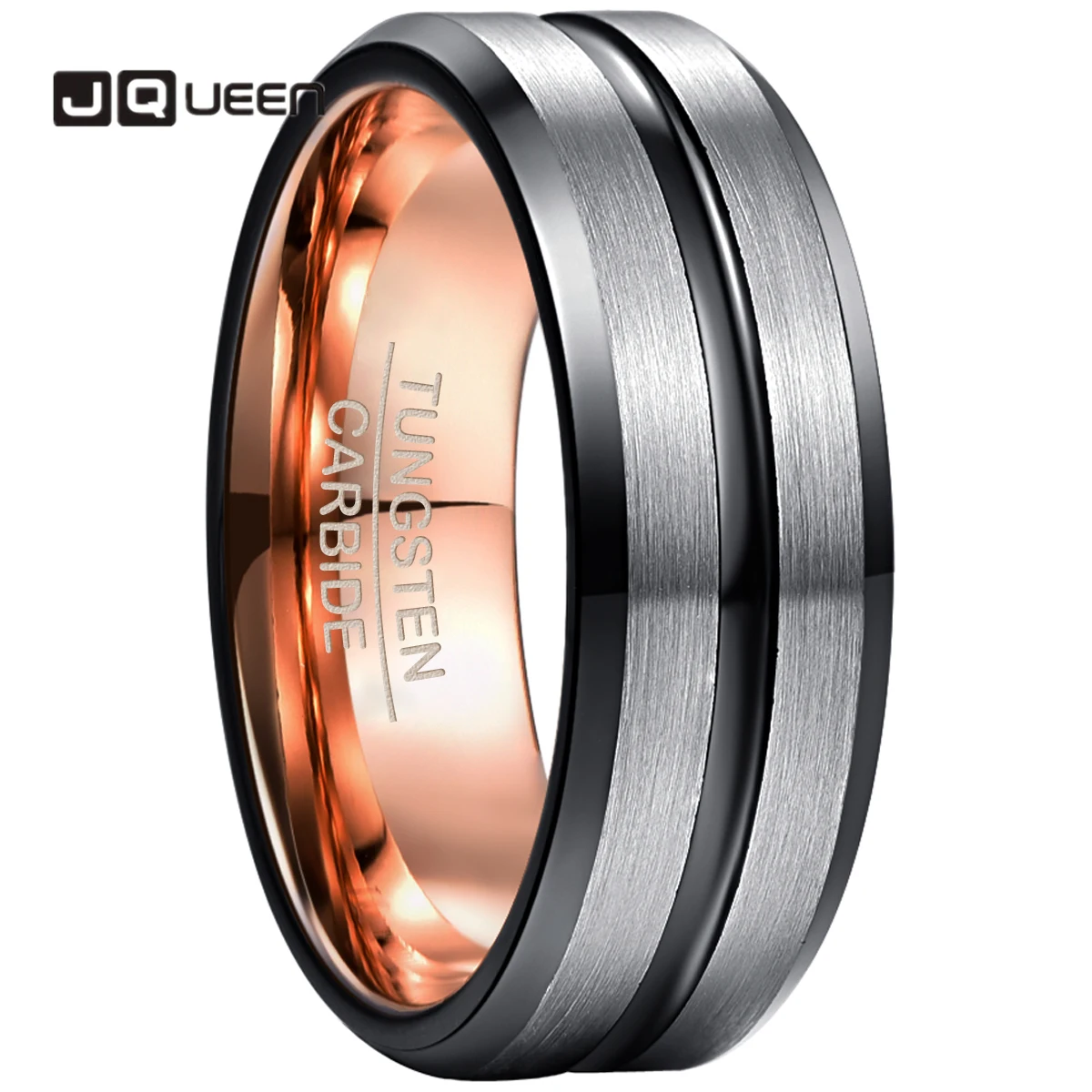 JQUEEN 8mm Tungsten Carbide Ring Electroplated RoseGold Inner Ring+ Black Bevel Groove/steel Frosted Surface Tungsten Steel Ring