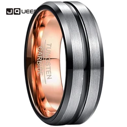 JQUEEN 8mm Tungsten Carbide Ring Electroplated RoseGold Inner Ring+ Black Bevel Groove/steel Frosted Surface Tungsten Steel Ring