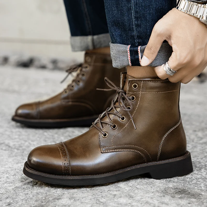 High Quality Autumn Winter Vintage Men Ankle Boots British Tooling Cow Leather Brogue Shoes Outdoor Desert Motorcycle Boots