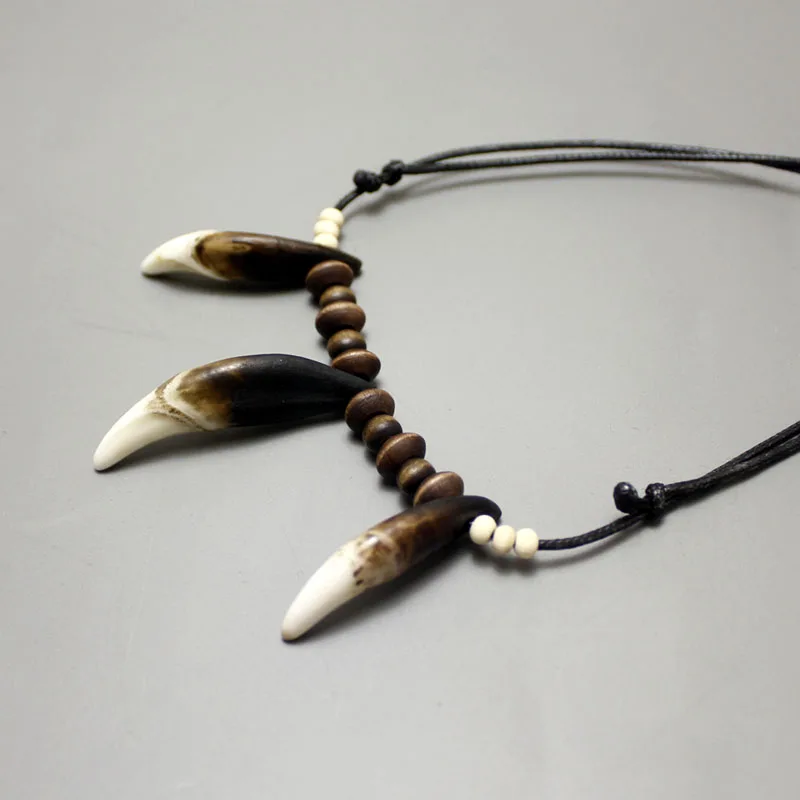 Tribal Natural Fangs Wolf Tooth Pendant Genuine Leather Chain Beaded Surfer Necklace Choker Amulet Gift