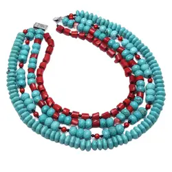 GuaiGuai Jewelry 19'' 4 Strands Huge Rondelle Blue Turquoise Red Coral Heavy Necklace Handmade For Women