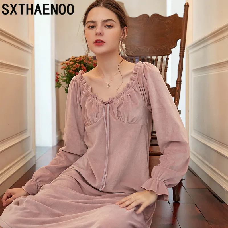 

SXTHAENOO Warm Mink Wool Princess Sleepwear Nightgown Women Winter Pink Sweet Nightdress Nightclothes