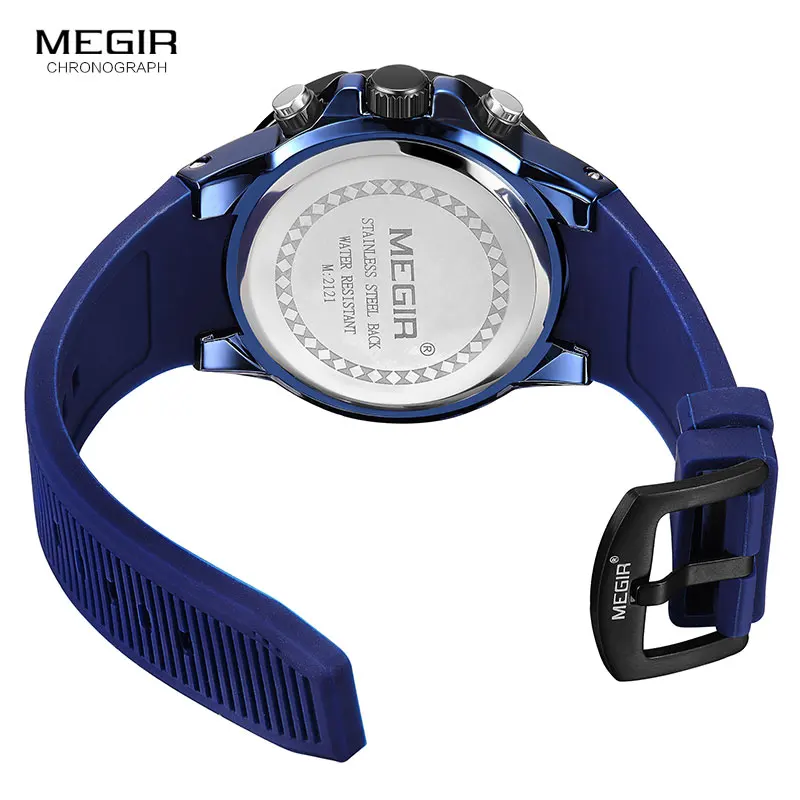 MEGIR Luxury Blue Watch Men Top Brand Silicone Bracelet Sport Chronograph Quartz Wrist Watches Man Relogio Masculino Clock 2121