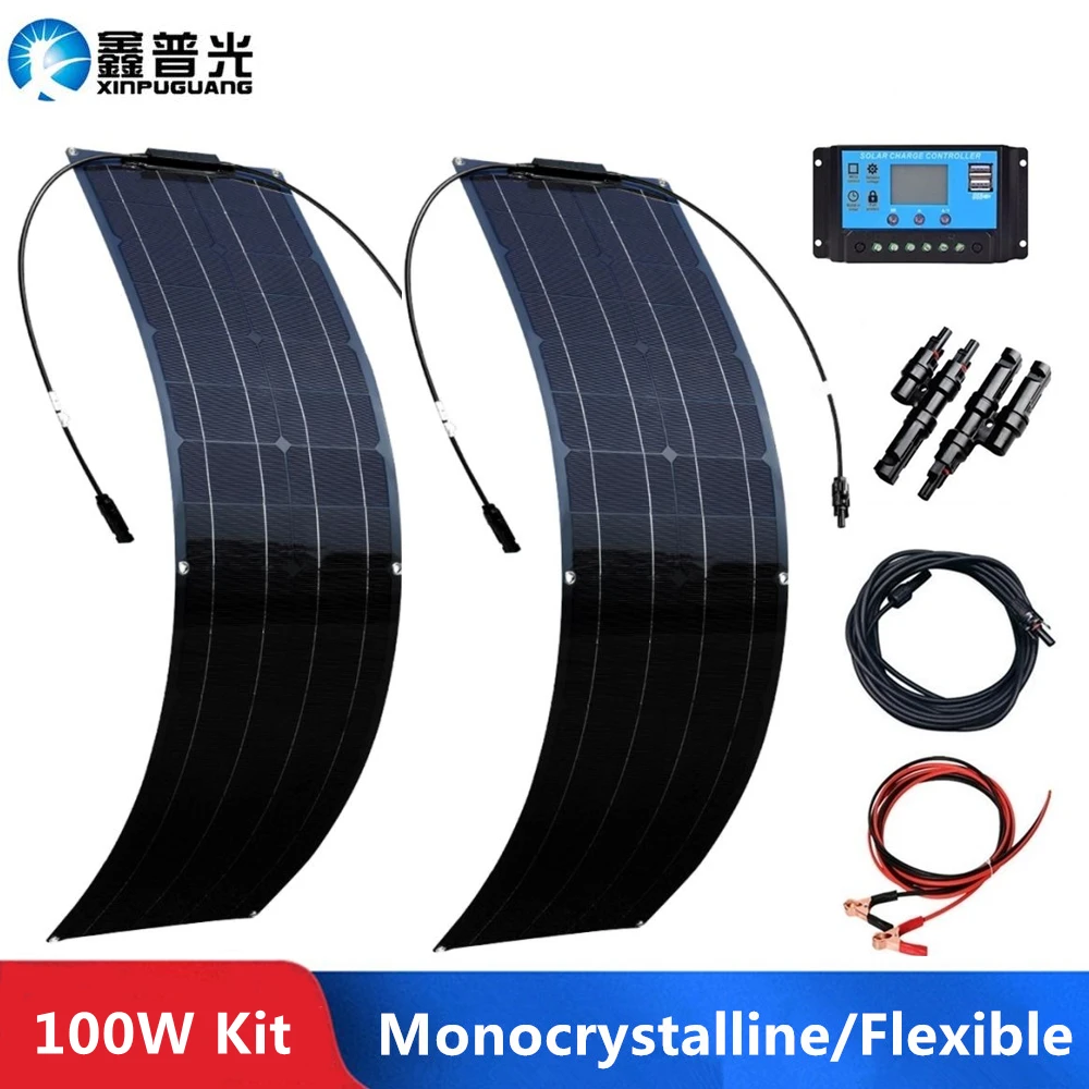 

1-2pcs 50W Solar Panel 100W Kit Complete 12V High Efficiency Mono Cell Flexible Solar Panels With Charge Controller PV Cable