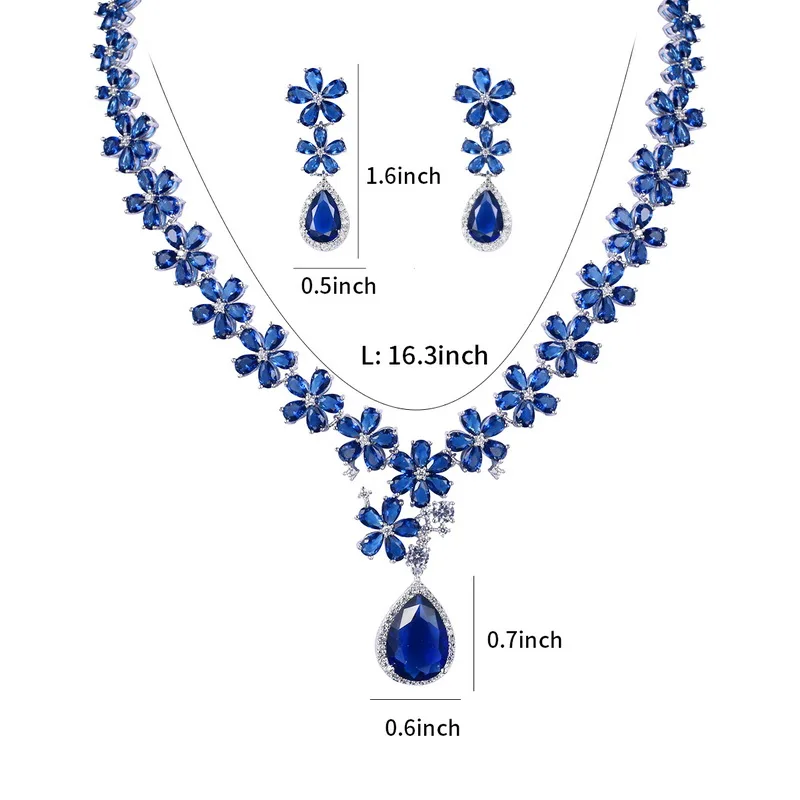 WEIMANJINGDIAN Brand Blue Teardrop and Flower Cubic Zirconia Wedding Necklace and Earring Bridal Jewelry Set