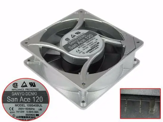 

Sanyo Denki 109S408UL AC 200V 12W 120x120x38mm Server Cooling Fan