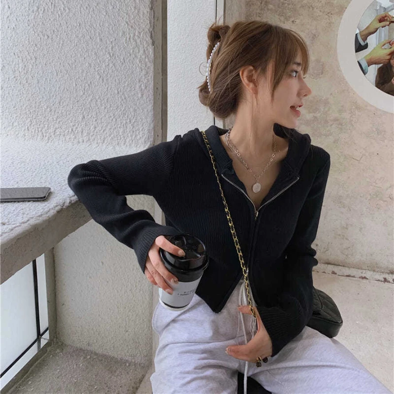 Cardigan Women Spring Autumn Solid Simple 3 Colors Cropped Comfortable Sweater Fashion Elegant Students All-match Leisure Slim