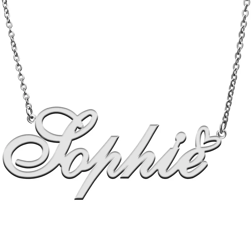 Sophie Name with Love Heart Necklace for Women Stainless Steel Jewelry Nameplate Pendant Femme Mother Child Girls Gift