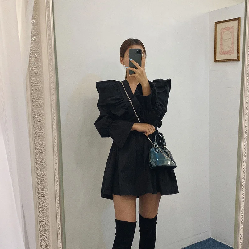 

Butterfly A Line Women Ruffle Mini Dress Solid V-neck Puff Long Sleeve Female Lace Up Short Dresses Fashion Korean Lady Clothes