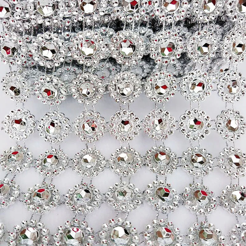 1 Yard Silver Crystal Ribbon Faux Diamond Acrylic Ribbon Wrap Flower Shape Mesh Wrap Roll for Wedding Party Decorations