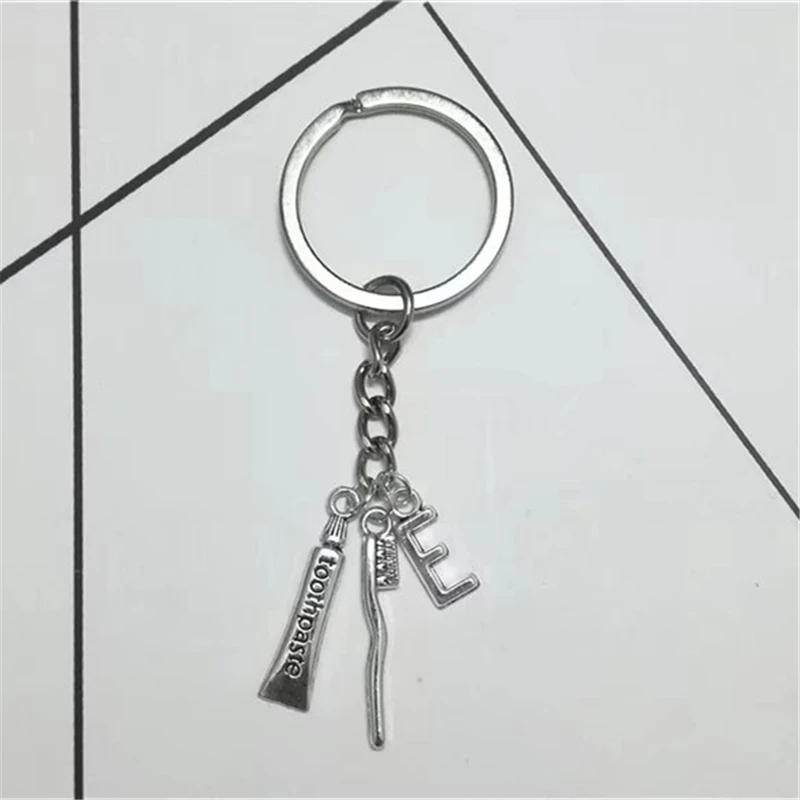 1 Pcs Handmade Anqtique Silver Color Toothpaste, Toothbrush Keychains with Initial