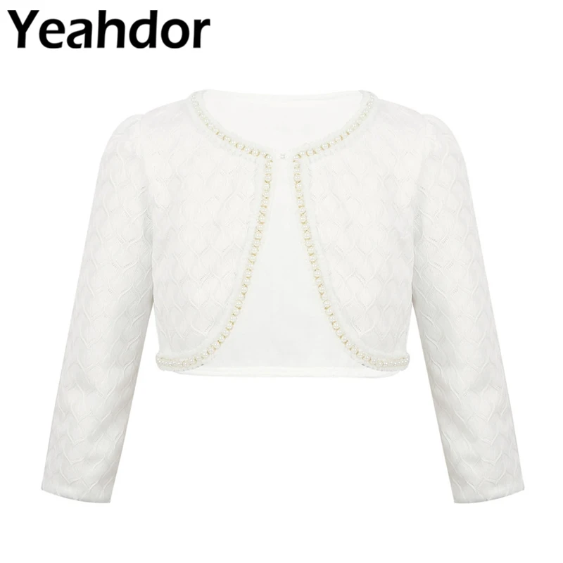 

White Kids Girls Long Sleeve Lace Beaded One Button Closure Bolero Shrug Cardigan Top Short Jacket for Pageant Wedding Party