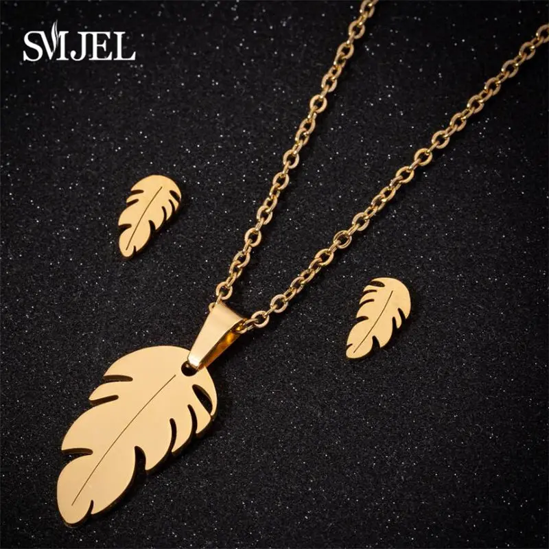 Stainless Steel Feather Necklaces Classic Fashion Bohemian Plant Leaves Earrings Necklaces For Women  Jewelry Set Wedding Gifts