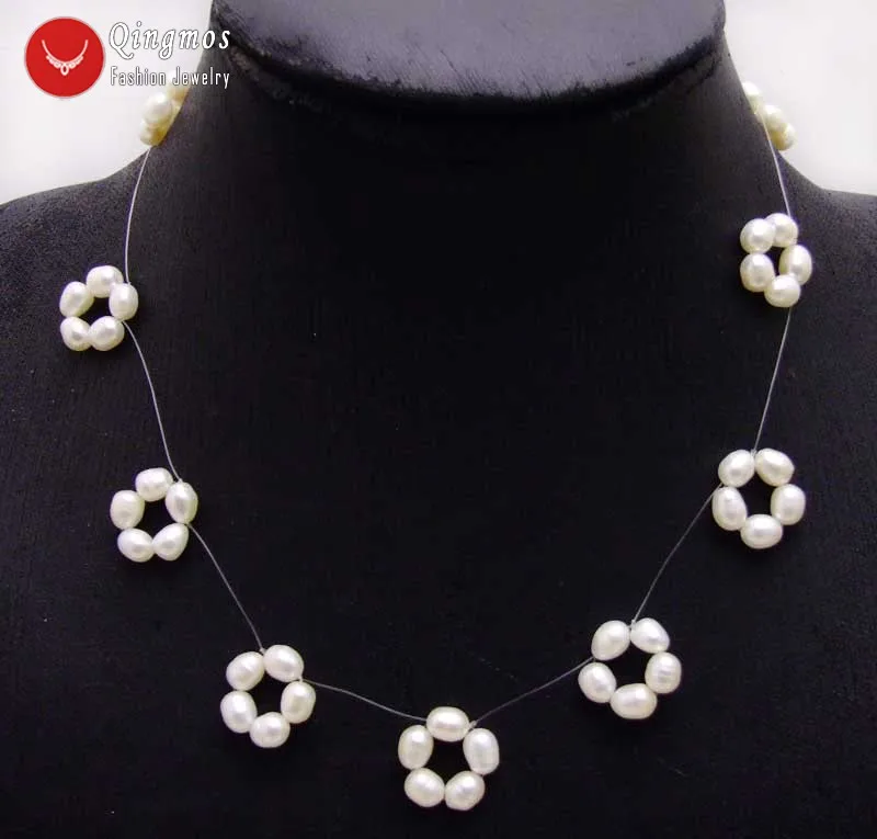 Qingmos 5-6mm Rice Natural White Pearl Necklace for Women with Handwork Weaving Flower Pearl Chokers 17'' Jewelry Nec6173