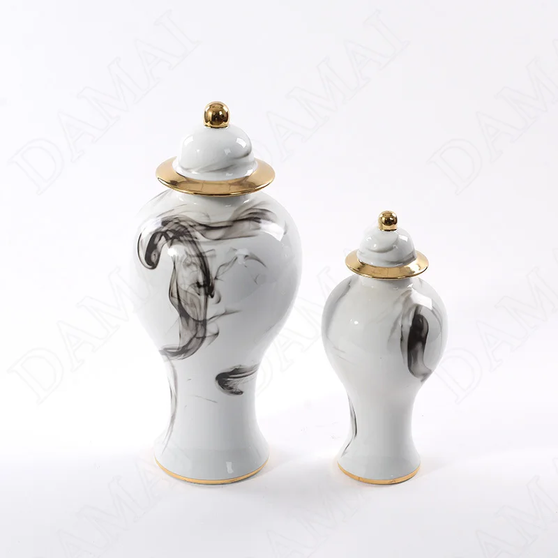 Marble Texture Ceramic Vases Golden Stroke Living Room Decor Plant Pots Restaurant Desktop Flower Vase Home Decoration Ornaments