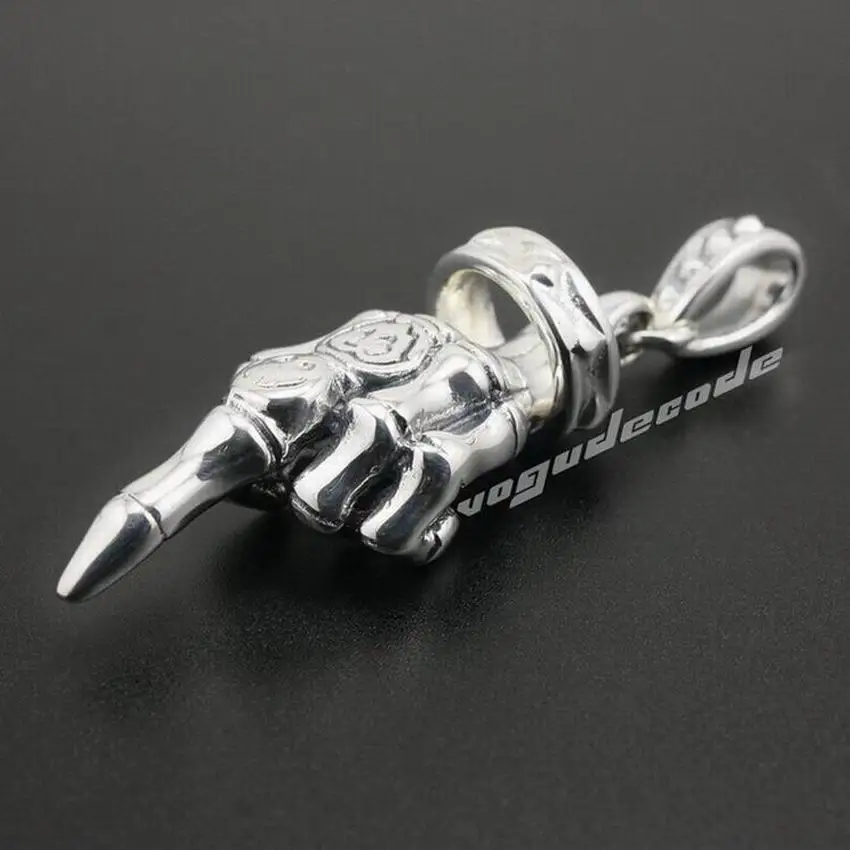 925 Sterling Silver Middle Finger Skull Hand Mens Biker Punk Pendant 8C016