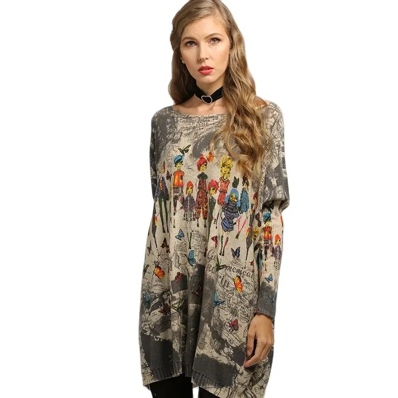 New Butterfly Novel Doll Print Women Pullovers Oversized Sweater Dress Autumn Pull Femme Long Warm Batwing Sleeves Clothes