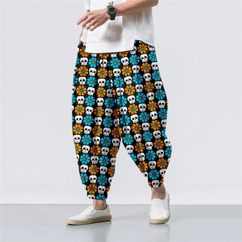 

Oversize 6XL Summer Skull Floral Printed Casual Beach Harem Pants Men Hip Hop Nine Points Trousers Jogger Sweatpants