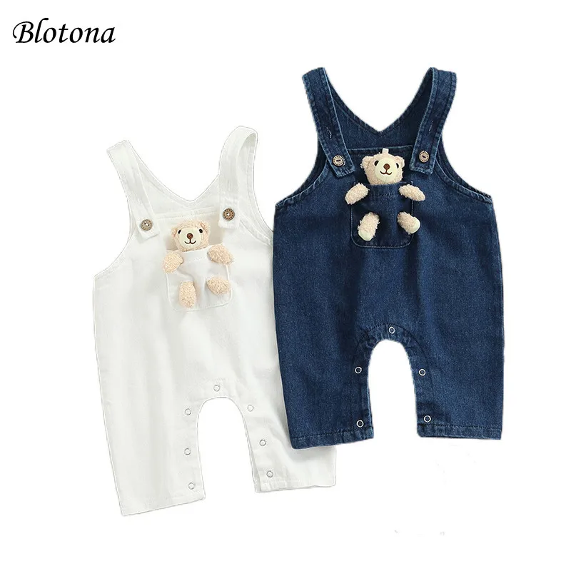 

Blotona Cute Baby Romper, Toddler Girls Boys Sleeveless Denim Cartoon Bear Overalls Summer Casual Jumpsuit Suspender Pants 0-24M