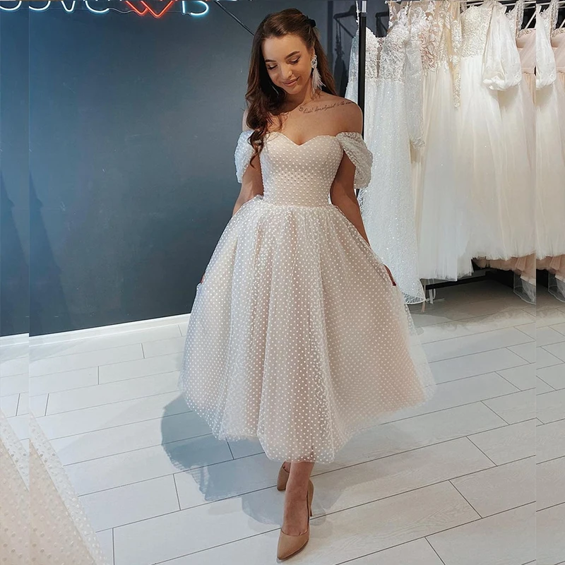 

Graceful Short Prom Dress 2021 Off Shoulder Ankle Length Point Net Party Gowns Gorgeous For Women Brides Tulle Robe De Mariee