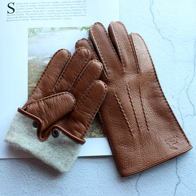 Winter Driving Leather Deerskin Gloves Men\'s Fashion New Wool Lining Autumn Warmth Motorcycle Riding Driver Finger Gloves