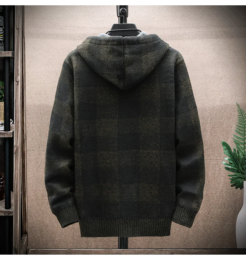 Männer Neue Winter Plaid Pullover Mit Kapuze Strickjacke Kalten Mantel Wolle Zipper Jacke Herbst Fleece Warme Kleidung Karierten Stricken Jumper – Detail 10
