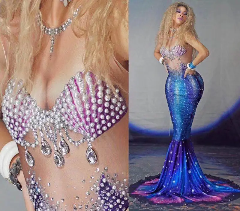 Stretch one-piece evening dress Singer party girl Rhinestone mermaid tail dress stage costume