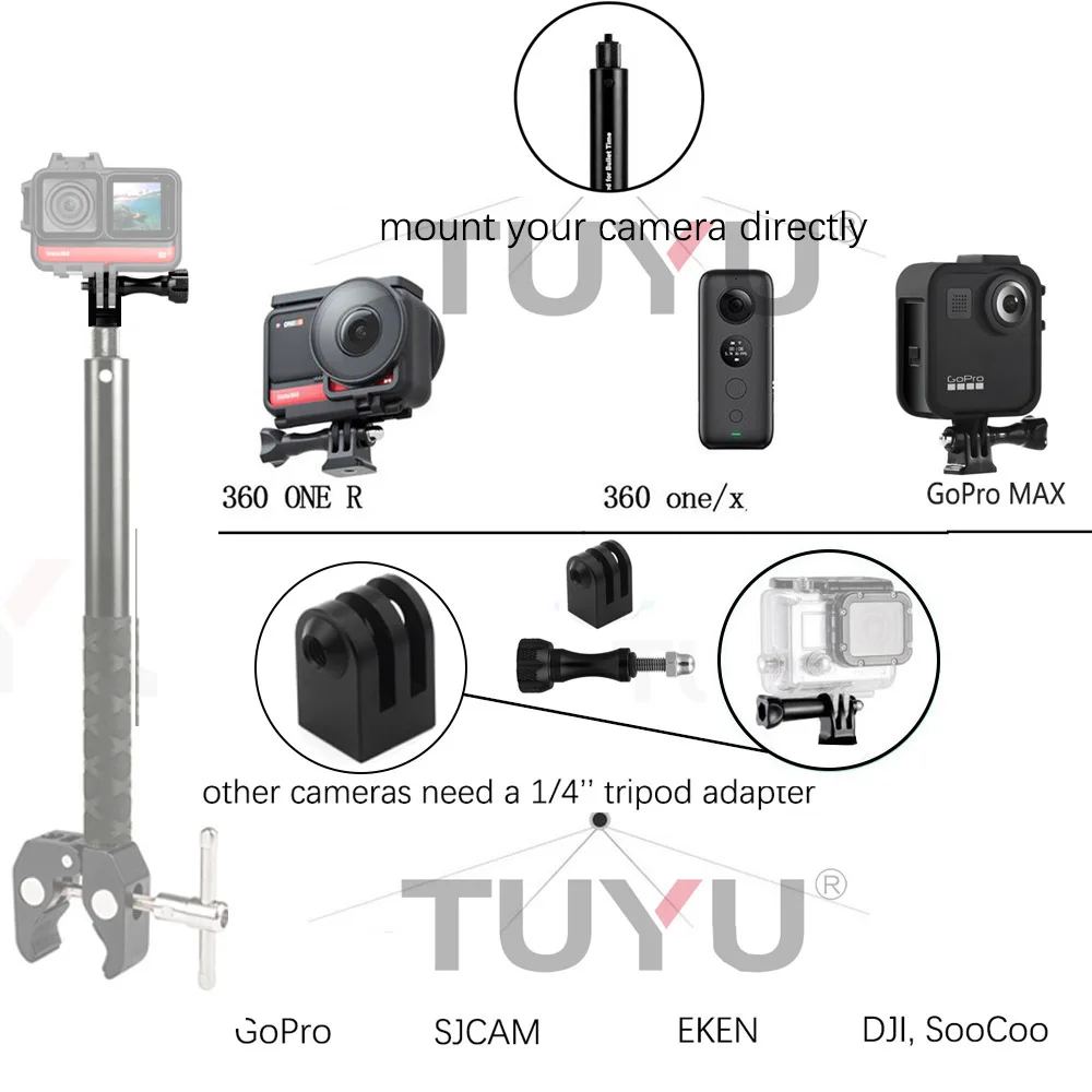 TUYU Motorcycle Handlebar Mount for GoPro Hero 13 12 11 DJI Action 5Pro 4 Insta360 X4 X3 Invisible Selfie Stick Camera Accessory