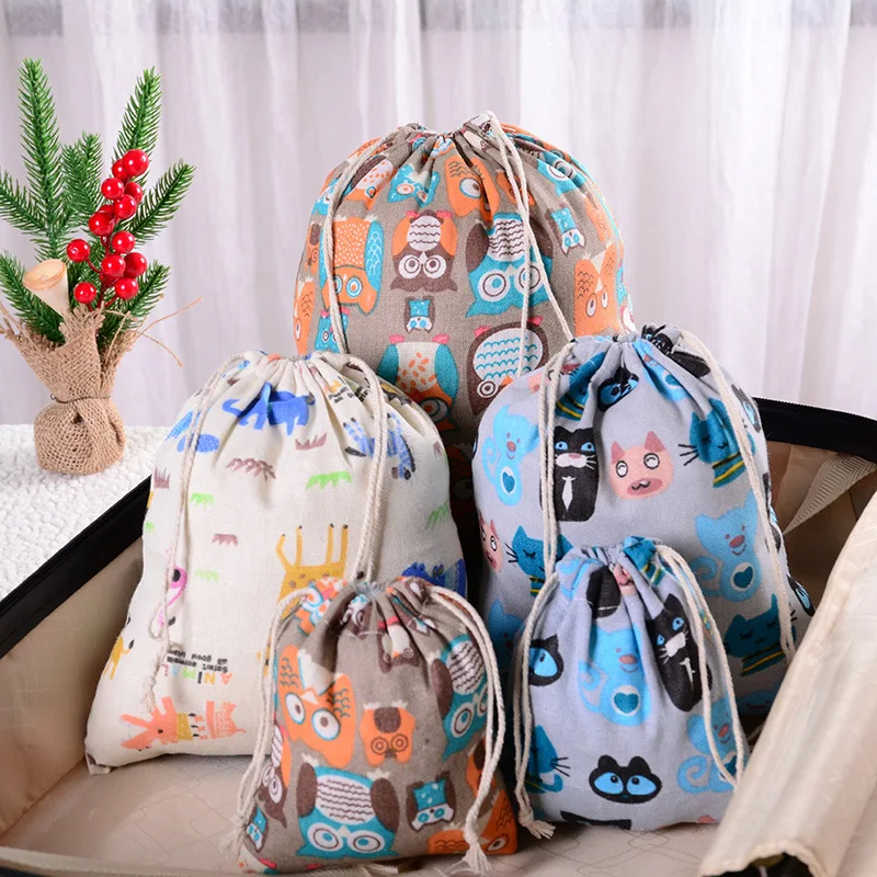 Printed cotton drawstring pocket linen bag sundry storage bag travel gift packaging bag