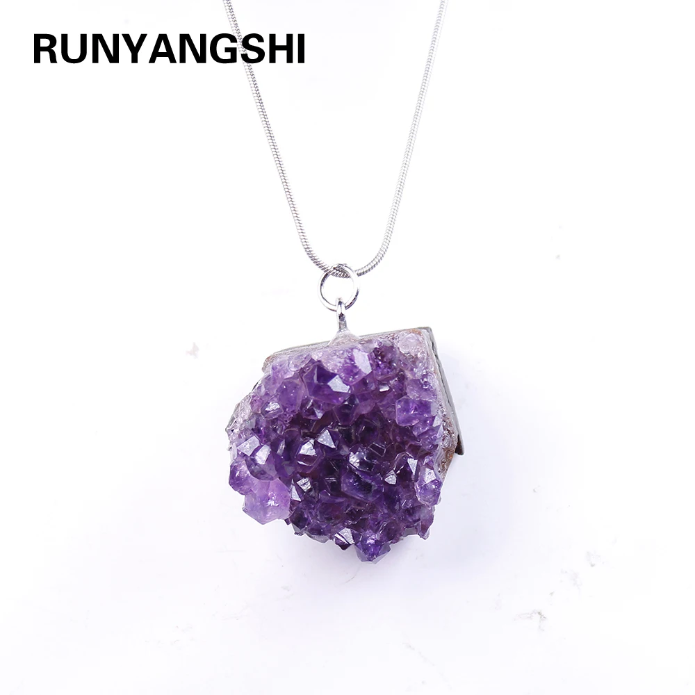 Natural crystal Necklace Raw Amethyst Quartz Purple Crystal Cluster pendant Healing Stones Specimen Home Decoration Crafts