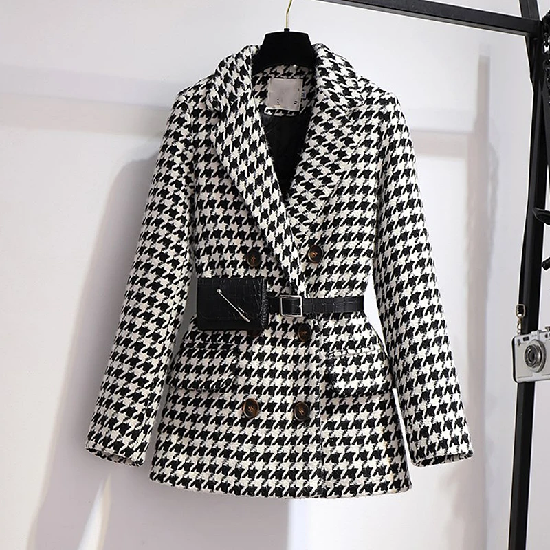 

Autumn Winter Woolen Blends Houndstooth Jacket Women Long Sleeve Elegant Outerwear With Belt Bag Harajuku Basic Coat