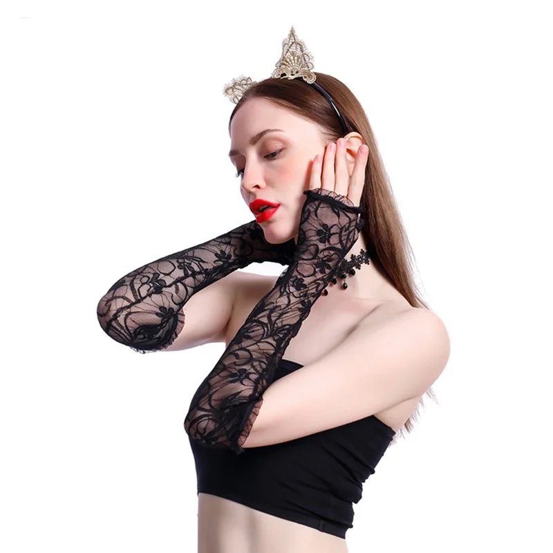 Sexy Lace Jacquard Long Thin UV Half Finger Arm Sleeve Summer  Female Sunscreen Touch Screen Elastic Cycling Driving Gloves K65