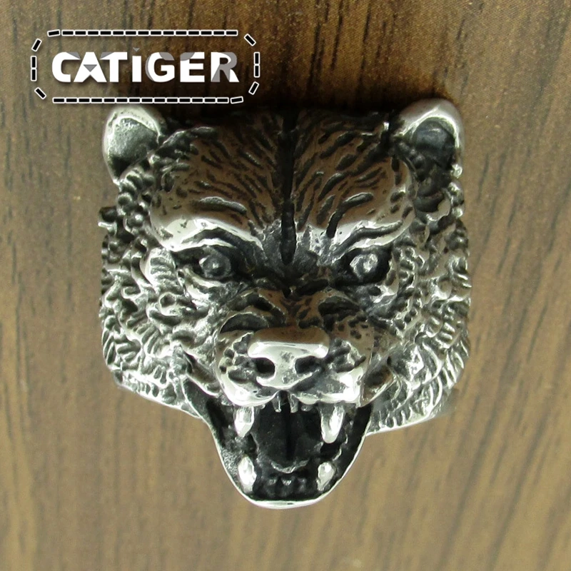 Punk 316L Stainless Steel Bear Animal Ring For Man Silver color Golden Brown Bear Head Ring Jewelry