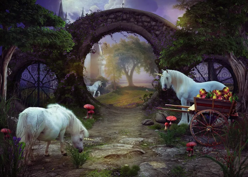 Fairy Tale Unicorn Gateway Forest Arch Door Mushrooms backgrounds High quality Computer print children kids backdrops