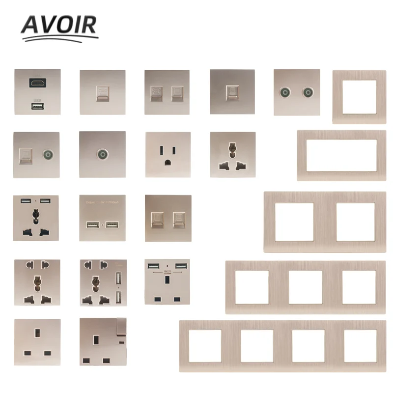 

Avoir DIY Module USB Wall Electrical Socket Golden Aluminum Brushed Panel Internet Network TV Plug Function Key Free Combination